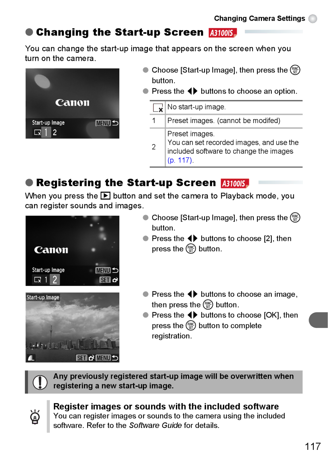 Canon A3000 IS, A3100 IS, A3150 IS Changing the Start-up Screen, Registering the Start-up Screen, Changing Camera Settings 