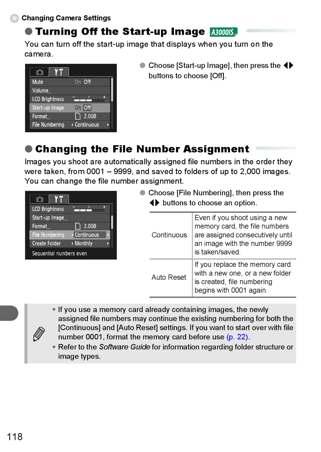 Canon A3100 IS, A3000 IS, A3150 IS manual Turning Off the Start-up Image, Changing the File Number Assignment 