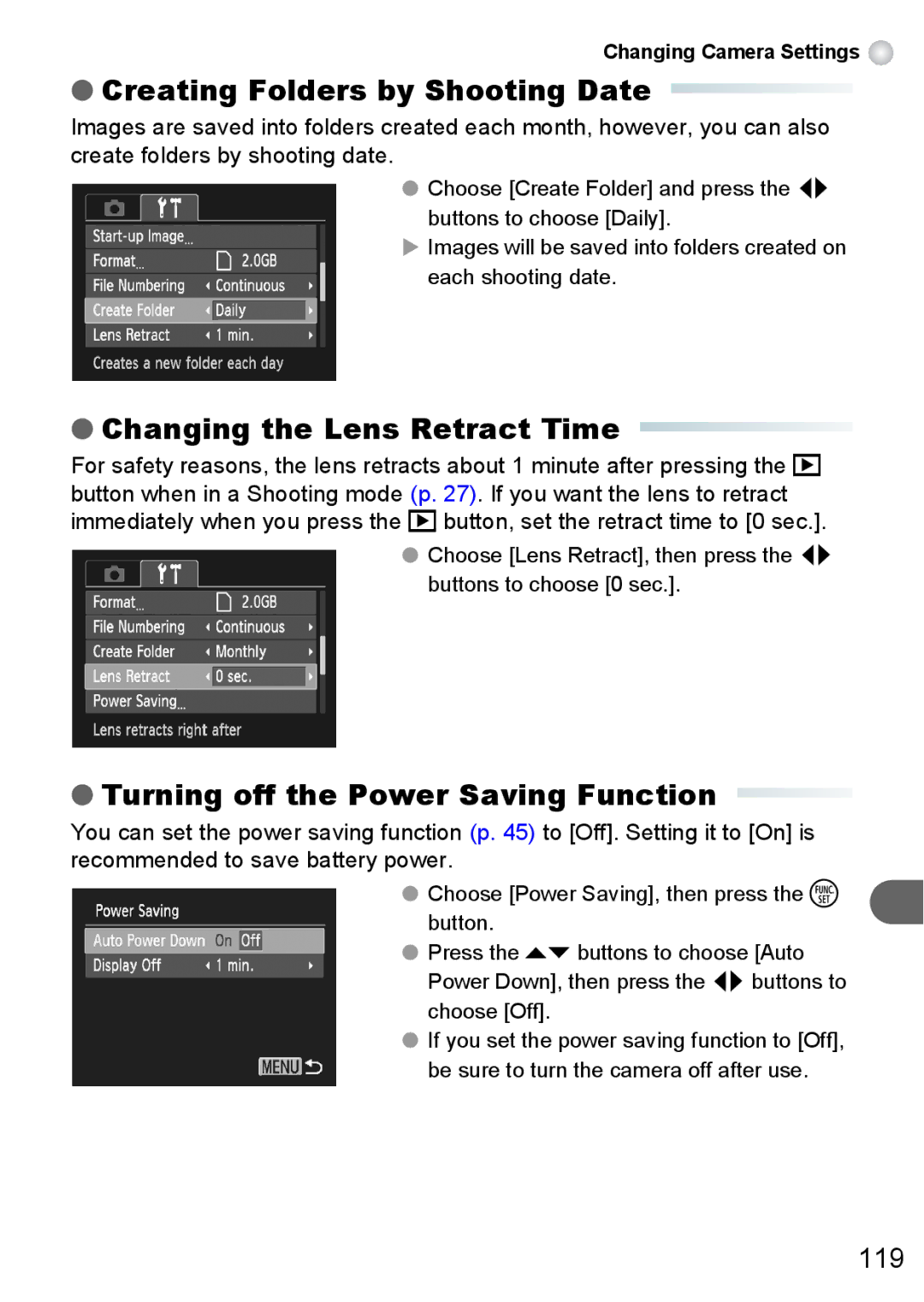 Canon A3150 IS Creating Folders by Shooting Date, Changing the Lens Retract Time, Turning off the Power Saving Function 