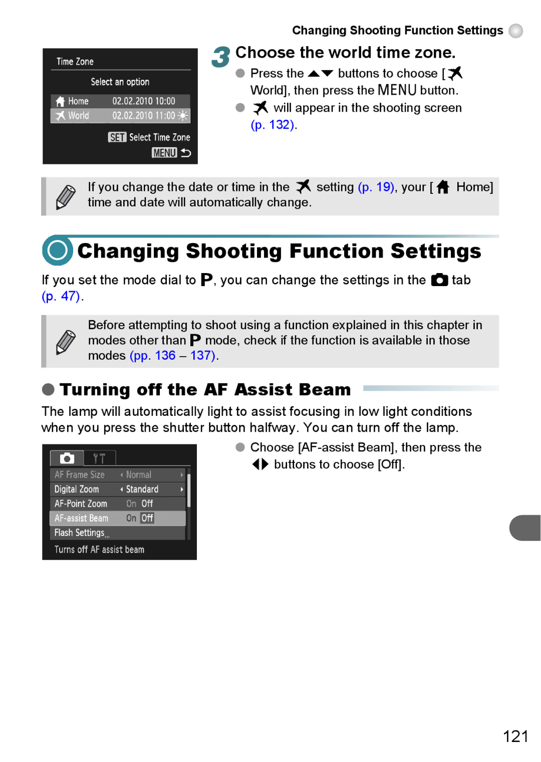 Canon A3100 IS, A3000 IS Changing Shooting Function Settings, Turning off the AF Assist Beam, Choose the world time zone 