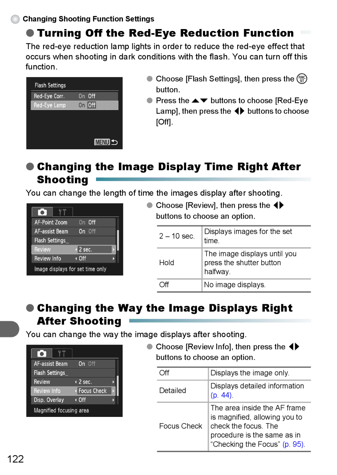 Canon A3150 IS, A3000 IS Turning Off the Red-Eye Reduction Function, Changing the Image Display Time Right After Shooting 