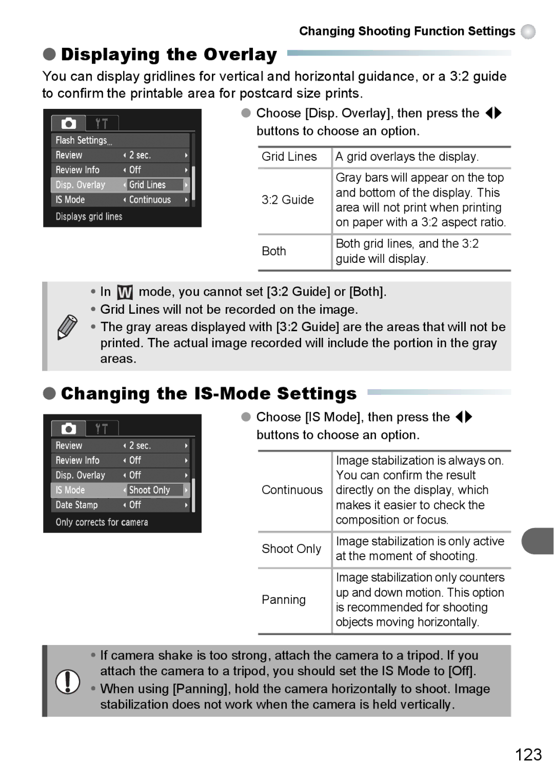 Canon A3000 IS, A3100 IS, A3150 IS manual Displaying the Overlay, Changing the IS-Mode Settings 