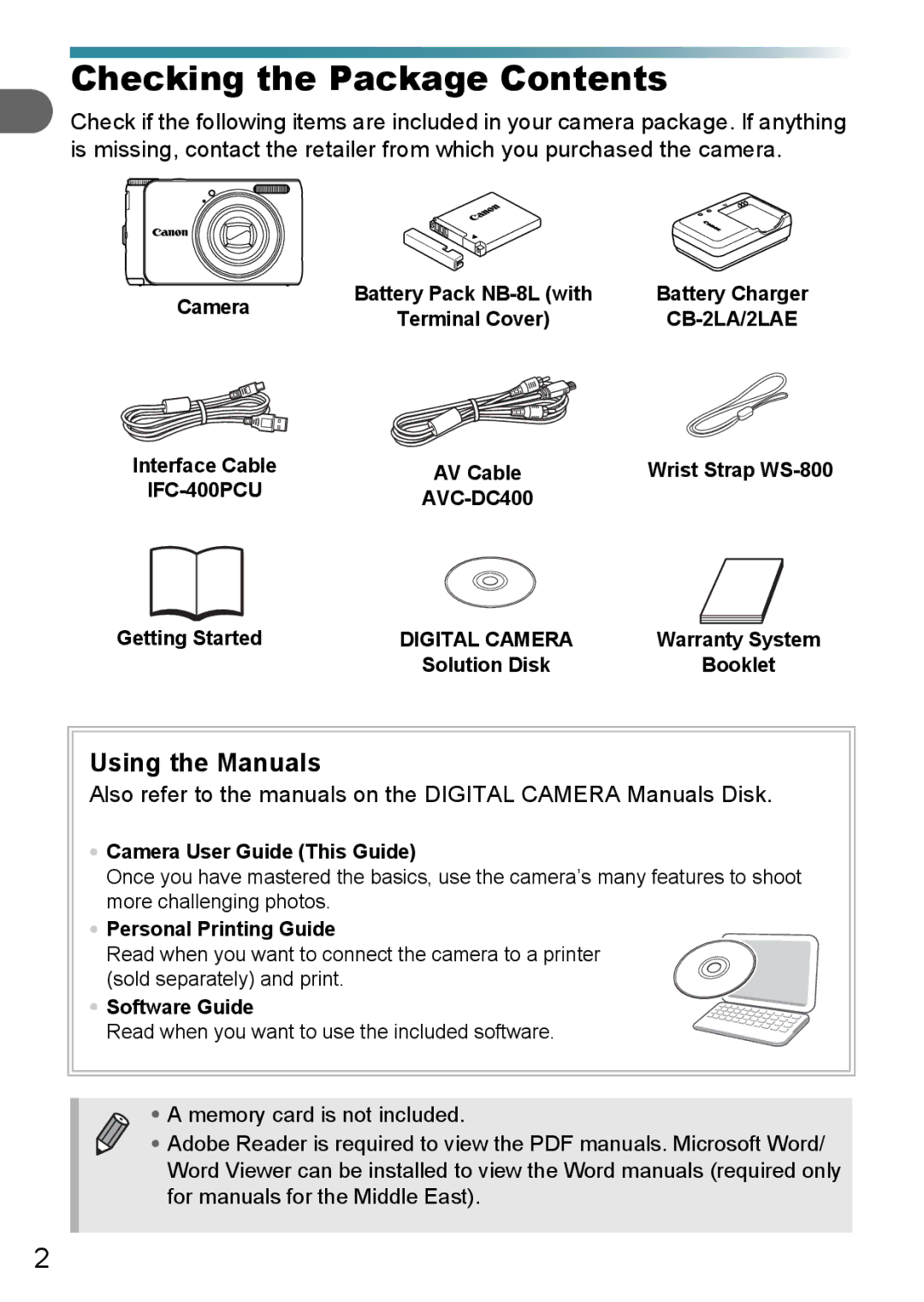 Canon A3150 IS, A3000 IS, A3100 IS manual Checking the Package Contents 