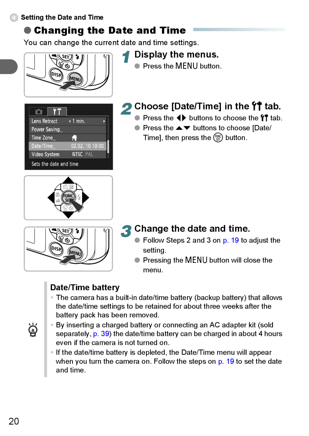 Canon A3150 IS Changing the Date and Time, Display the menus, Choose Date/Time in the 3 tab, Change the date and time 