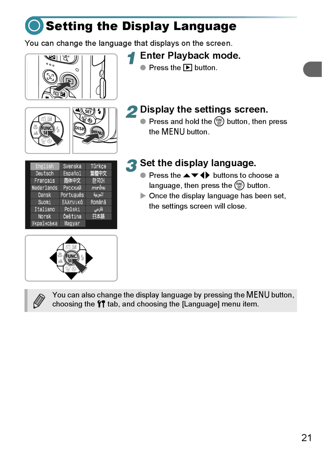 Canon A3000 IS Setting the Display Language, Enter Playback mode, Display the settings screen, Set the display language 