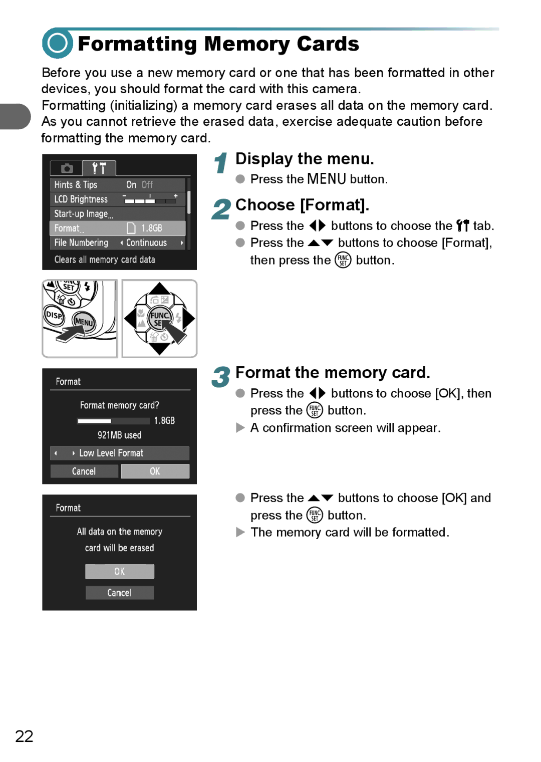 Canon A3100 IS, A3000 IS, A3150 IS manual Formatting Memory Cards, Display the menu, Choose Format, Format the memory card 