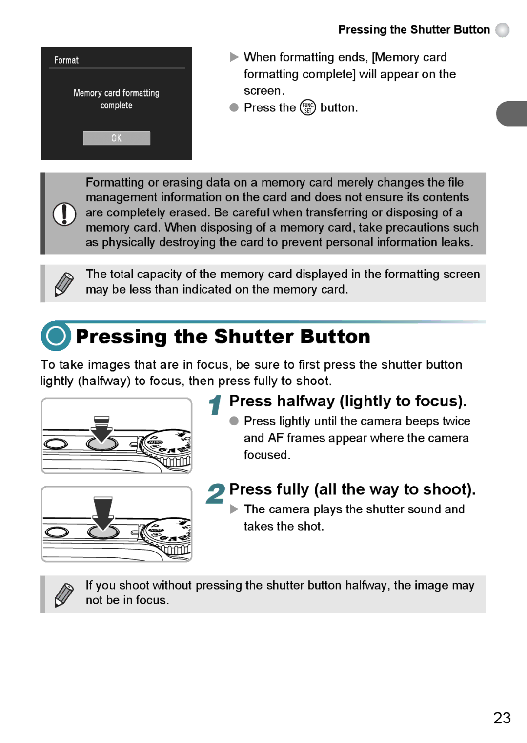 Canon A3150 IS, A3000 IS Pressing the Shutter Button, Press halfway lightly to focus, Press fully all the way to shoot 