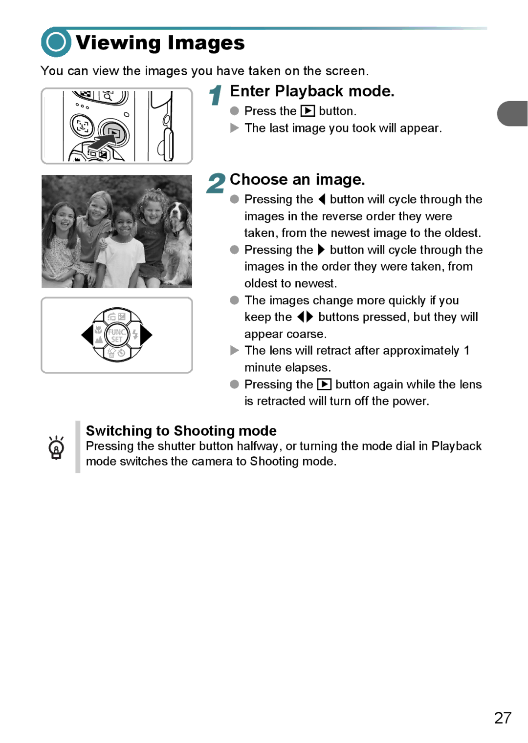 Canon A3000 IS, A3100 IS, A3150 IS manual Viewing Images, Choose an image, Switching to Shooting mode 