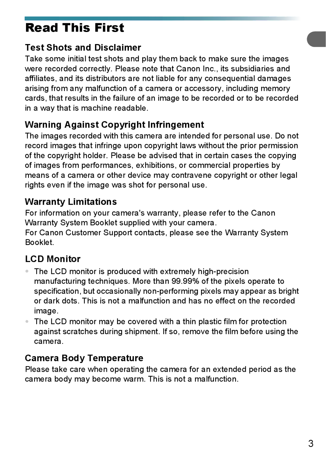 Canon A3000 IS Read This First, Test Shots and Disclaimer, Warranty Limitations, LCD Monitor, Camera Body Temperature 