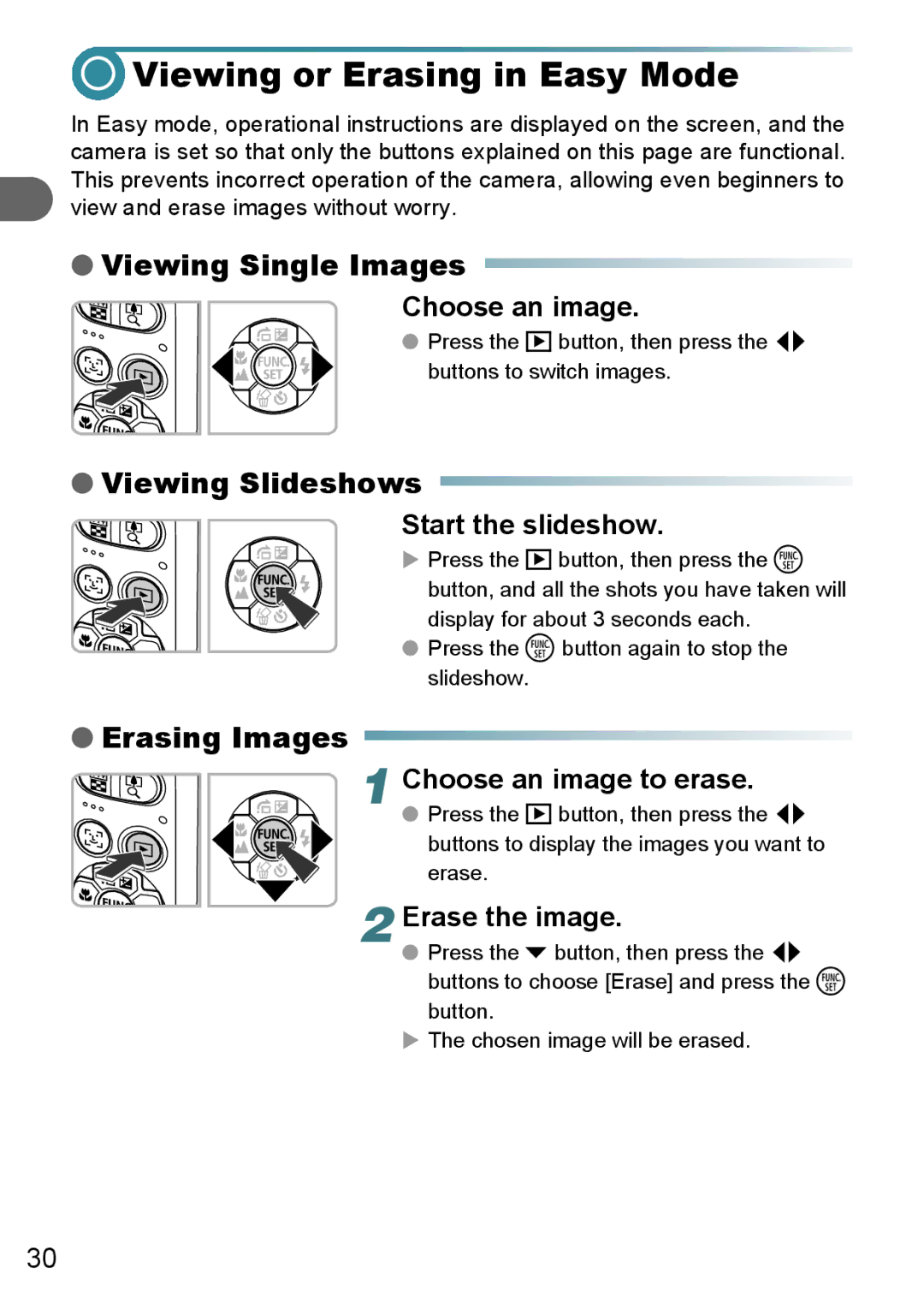 Canon A3000 IS, A3100 IS manual Viewing or Erasing in Easy Mode, Viewing Single Images, Viewing Slideshows, Erasing Images 