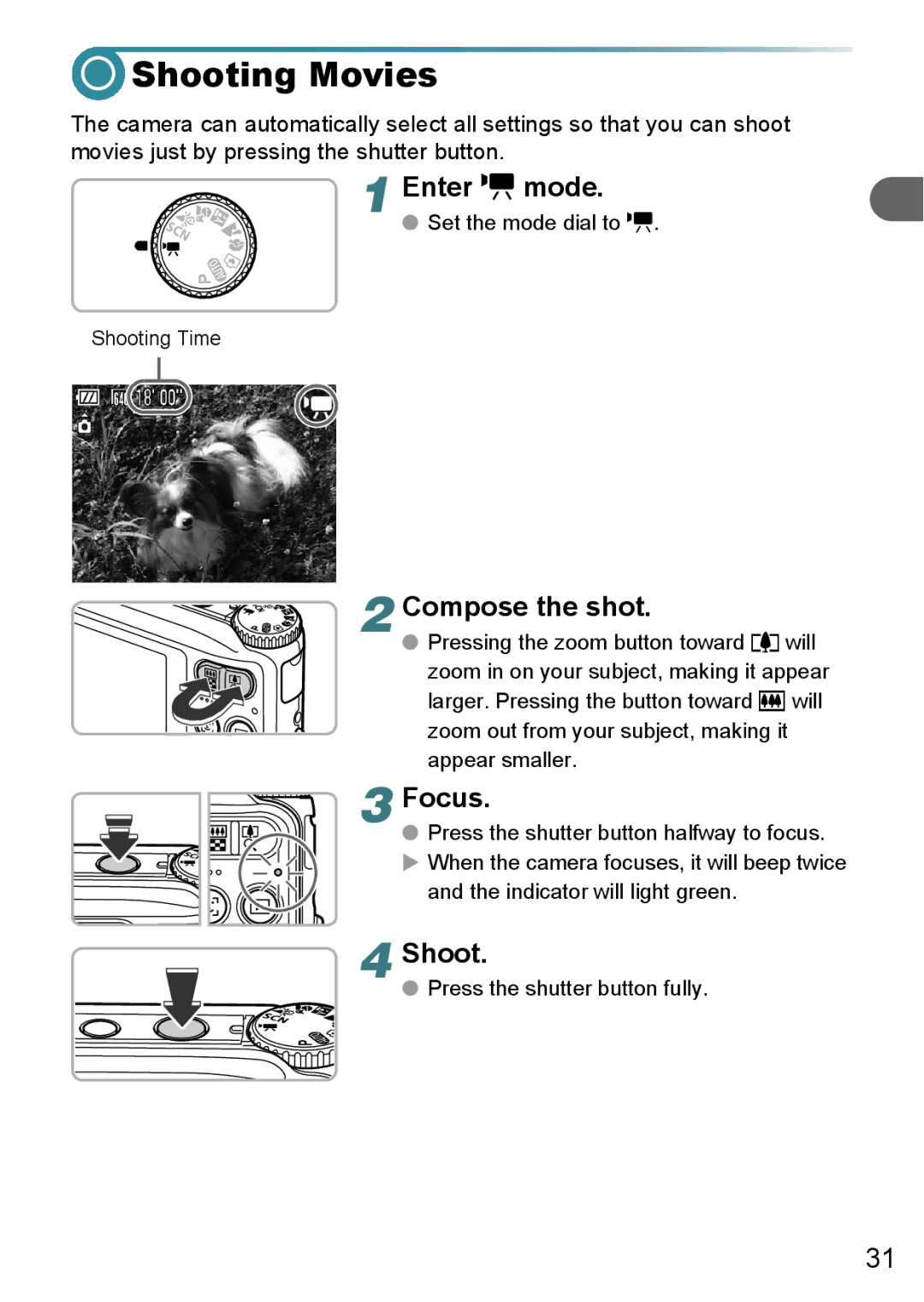 Canon A3100 IS, A3000 IS, A3150 IS manual Shooting Movies, Enter E mode 