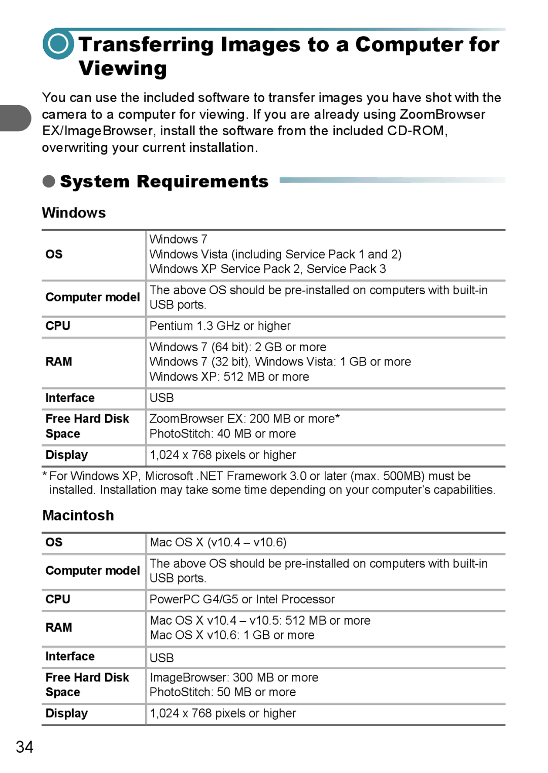 Canon A3100 IS, A3000 IS, A3150 IS Transferring Images to a Computer for Viewing, System Requirements, Windows, Macintosh 