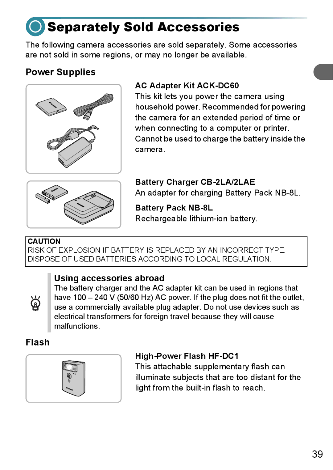 Canon A3000 IS, A3100 IS, A3150 IS manual Separately Sold Accessories, Power Supplies, Using accessories abroad, Flash 