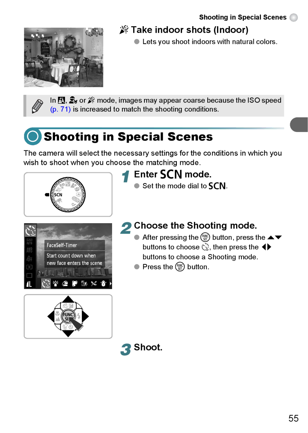 Canon A3100 IS, A3000 IS, A3150 IS manual Shooting in Special Scenes, HTake indoor shots Indoor, Enter K mode 