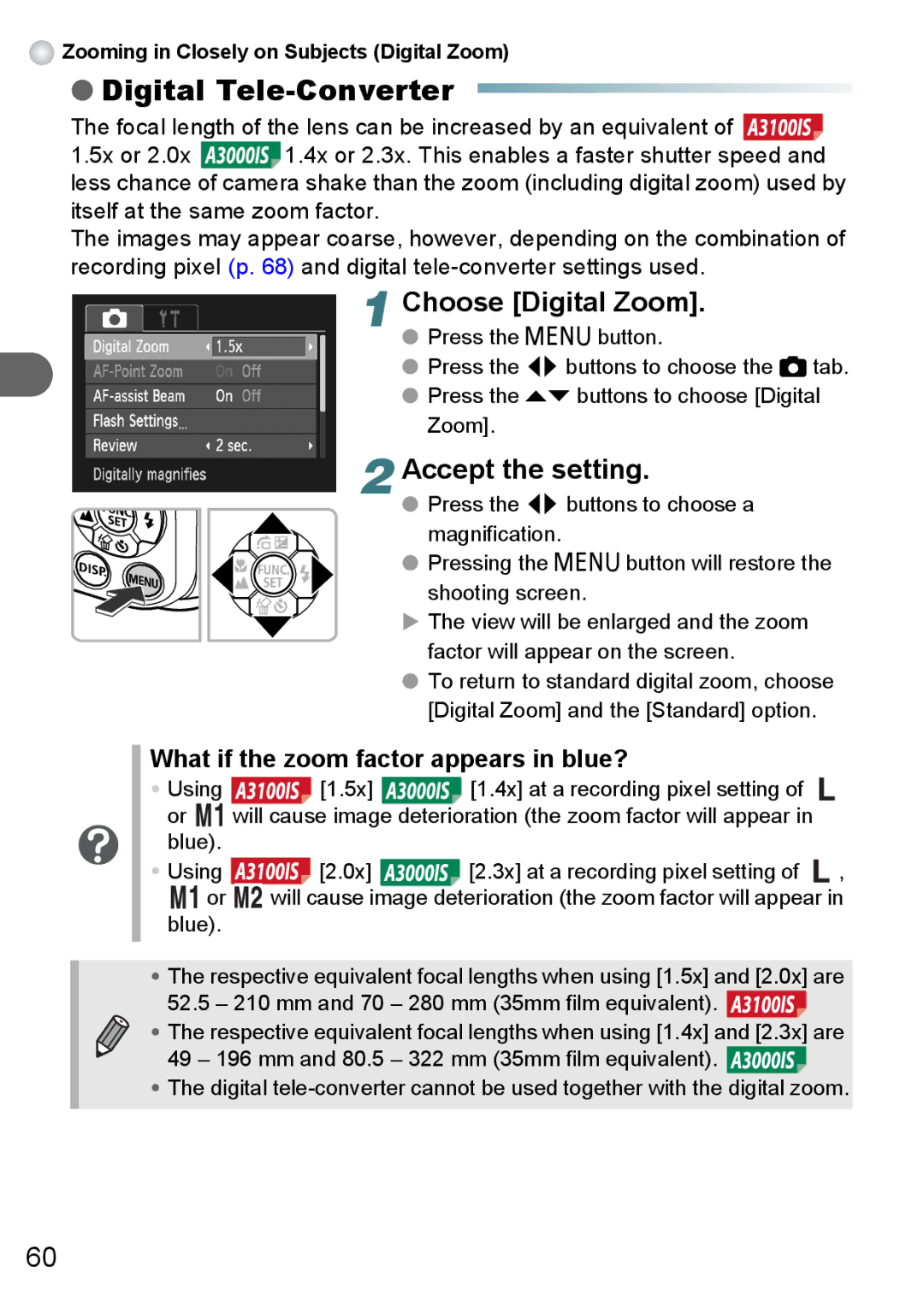 Canon A3000 IS, A3100 IS, A3150 IS manual Digital Tele-Converter, Choose Digital Zoom, Accept the setting 