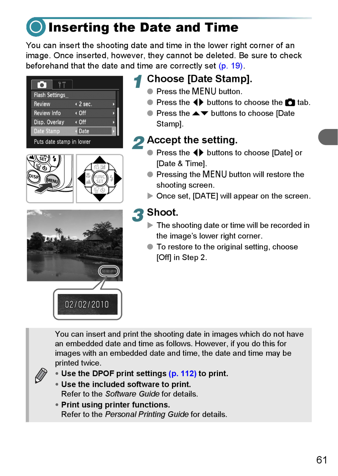 Canon A3100 IS, A3000 IS, A3150 IS manual Inserting the Date and Time, Choose Date Stamp 