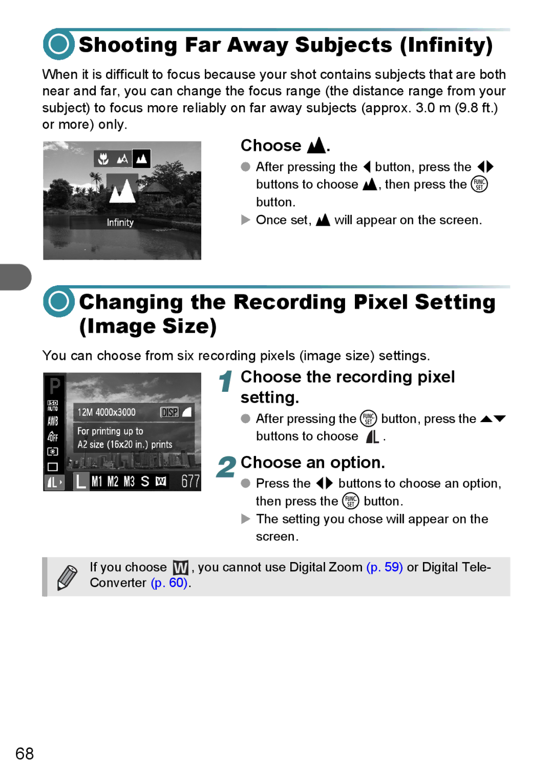 Canon A3150 IS, A3000 IS Shooting Far Away Subjects Infinity, Changing the Recording Pixel Setting Image Size, Choose u 