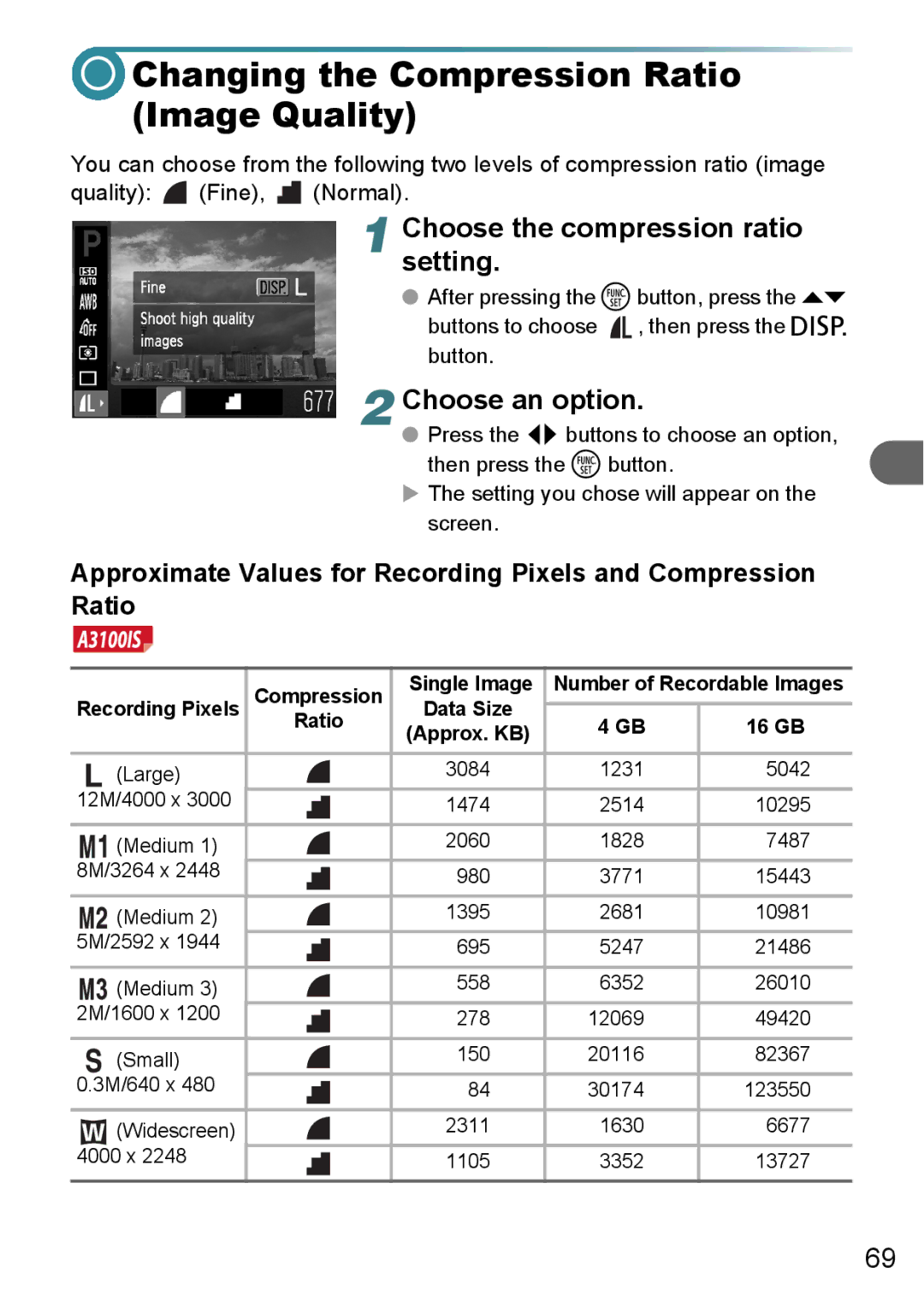 Canon A3000 IS, A3100 IS manual Changing the Compression Ratio Image Quality, Choosesetting. the compression ratio, 16 GB 