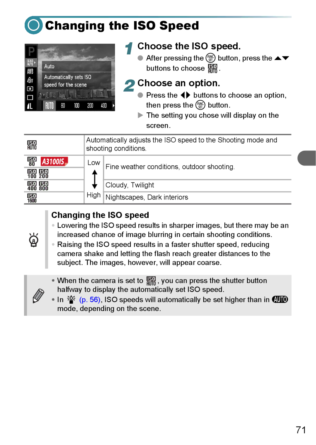 Canon A3150 IS, A3000 IS, A3100 IS manual Changing the ISO Speed, Choose the ISO speed, Changing the ISO speed 