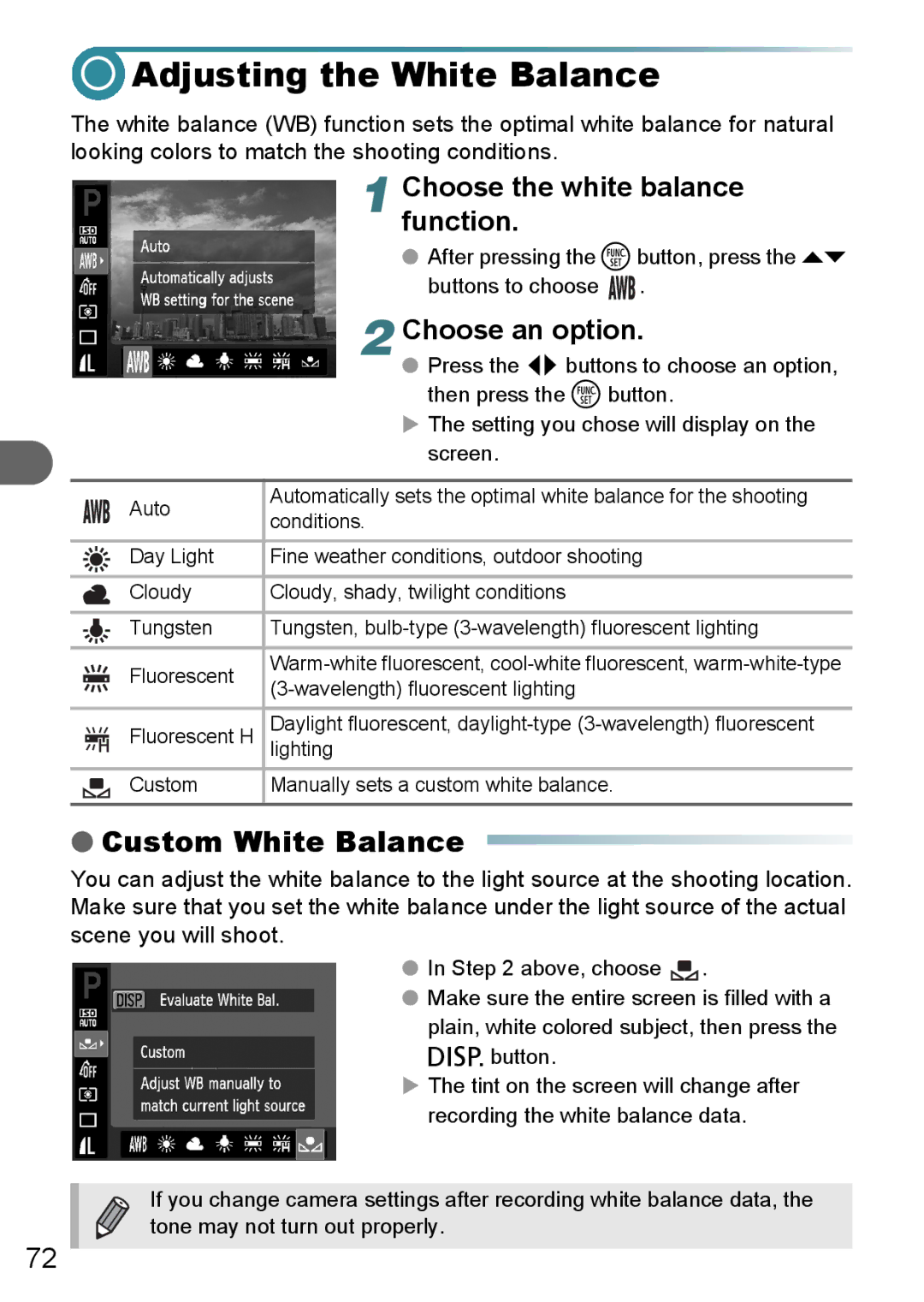 Canon A3000 IS, A3100 IS, A3150 IS Adjusting the White Balance, Custom White Balance, Choose the white balance, Function 