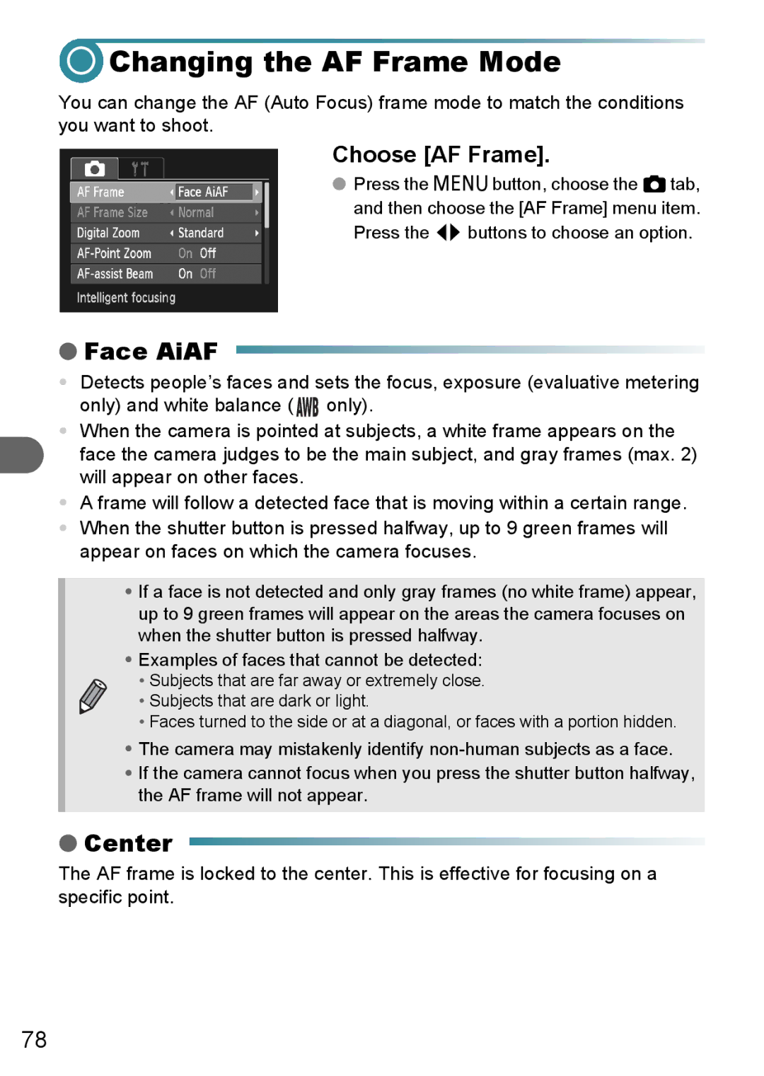 Canon A3000 IS, A3100 IS, A3150 IS manual Changing the AF Frame Mode, Face AiAF, Center, Choose AF Frame 