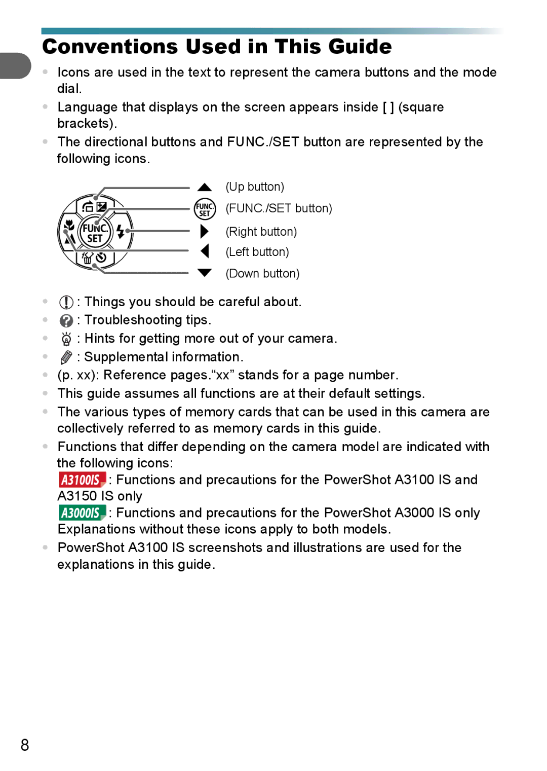 Canon A3150 IS, A3000 IS, A3100 IS manual Conventions Used in This Guide 