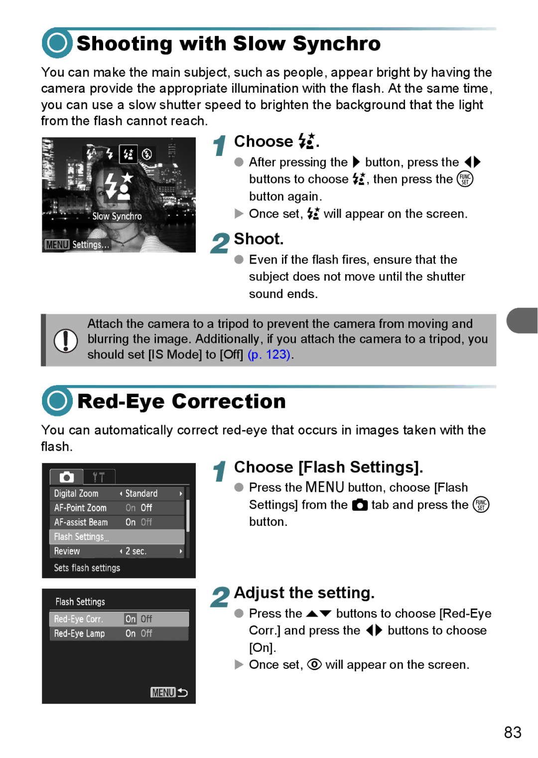 Canon A3150 IS manual Shooting with Slow Synchro, Red-Eye Correction, Choose …, Choose Flash Settings, Adjust the setting 