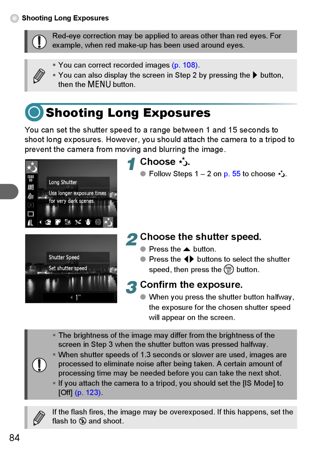 Canon A3000 IS, A3100 IS, A3150 IS manual Shooting Long Exposures, Choose ≈, Choose the shutter speed, Confirm the exposure 