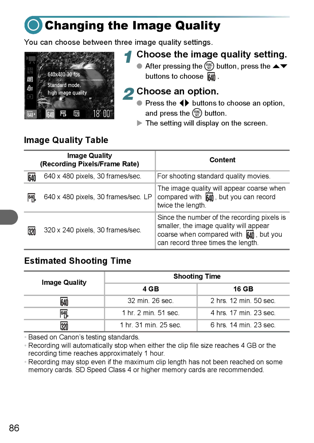 Canon A3150 IS Changing the Image Quality, Choose the image quality setting, Image Quality Table, Estimated Shooting Time 