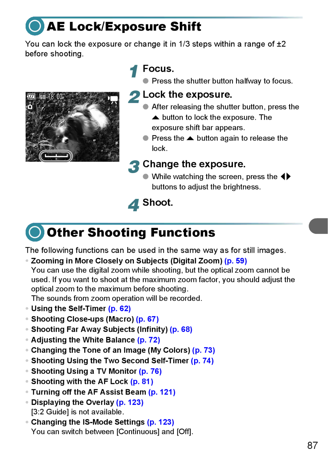 Canon A3000 IS, A3100 IS, A3150 IS manual AE Lock/Exposure Shift, Other Shooting Functions, Change the exposure 