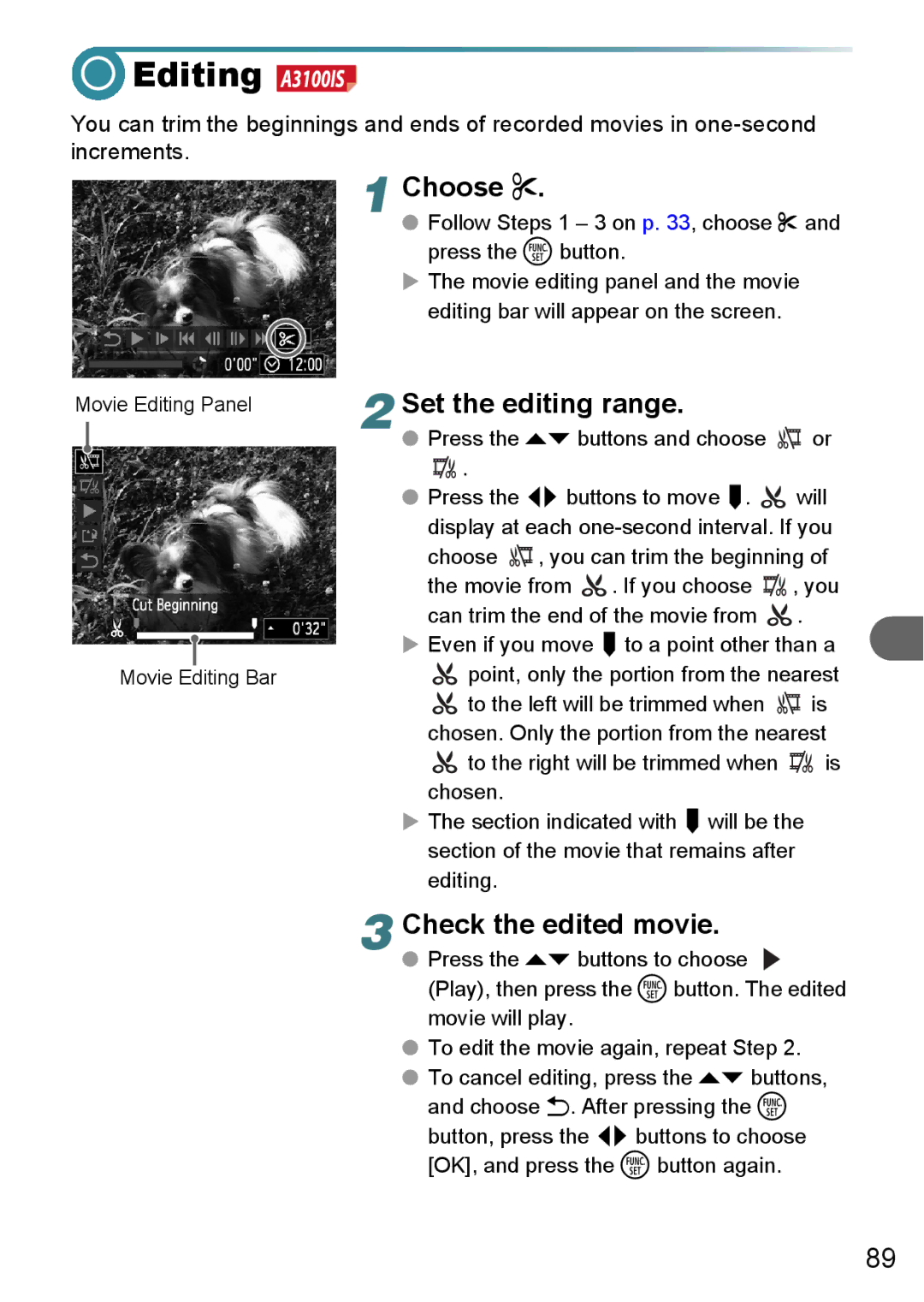 Canon A3150 IS, A3000 IS, A3100 IS manual Editing, Set the editing range, Check the edited movie 