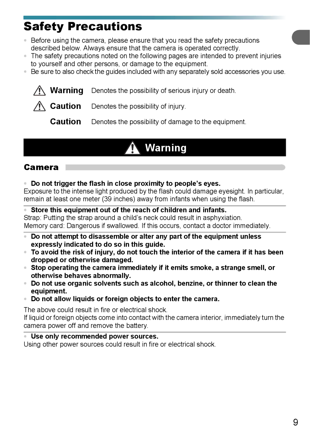 Canon A3000 IS, A3100 IS, A3150 IS manual Safety Precautions, Camera, Use only recommended power sources 