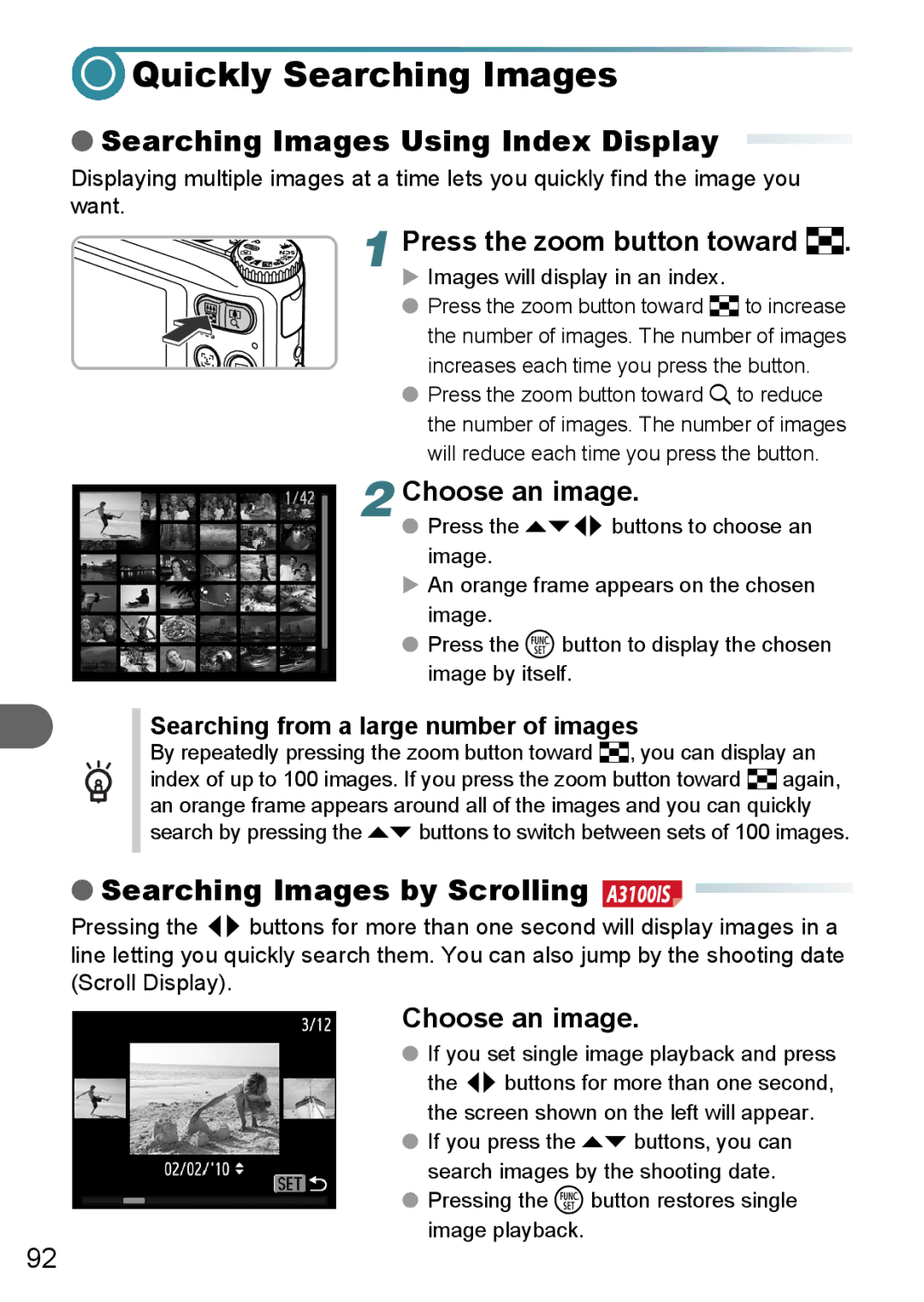 Canon A3150 IS, A3000 IS Quickly Searching Images, Searching Images Using Index Display, Searching Images by Scrolling 