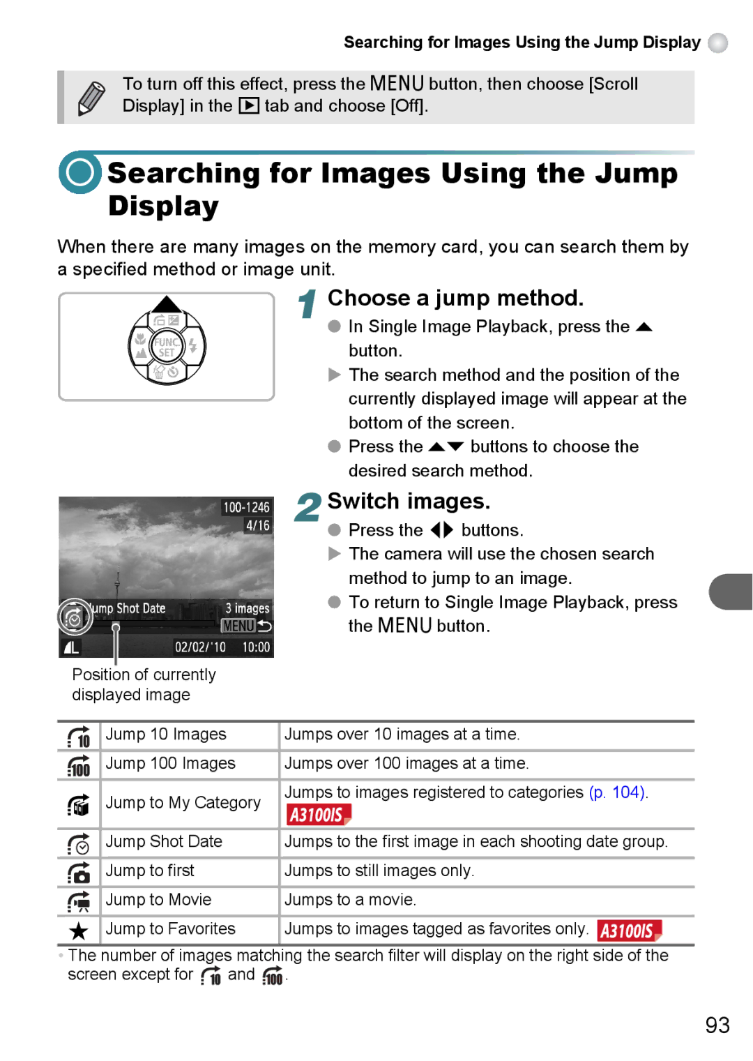 Canon A3000 IS, A3100 IS, A3150 IS manual Searching for Images Using the Jump Display, Choose a jump method, Switch images 