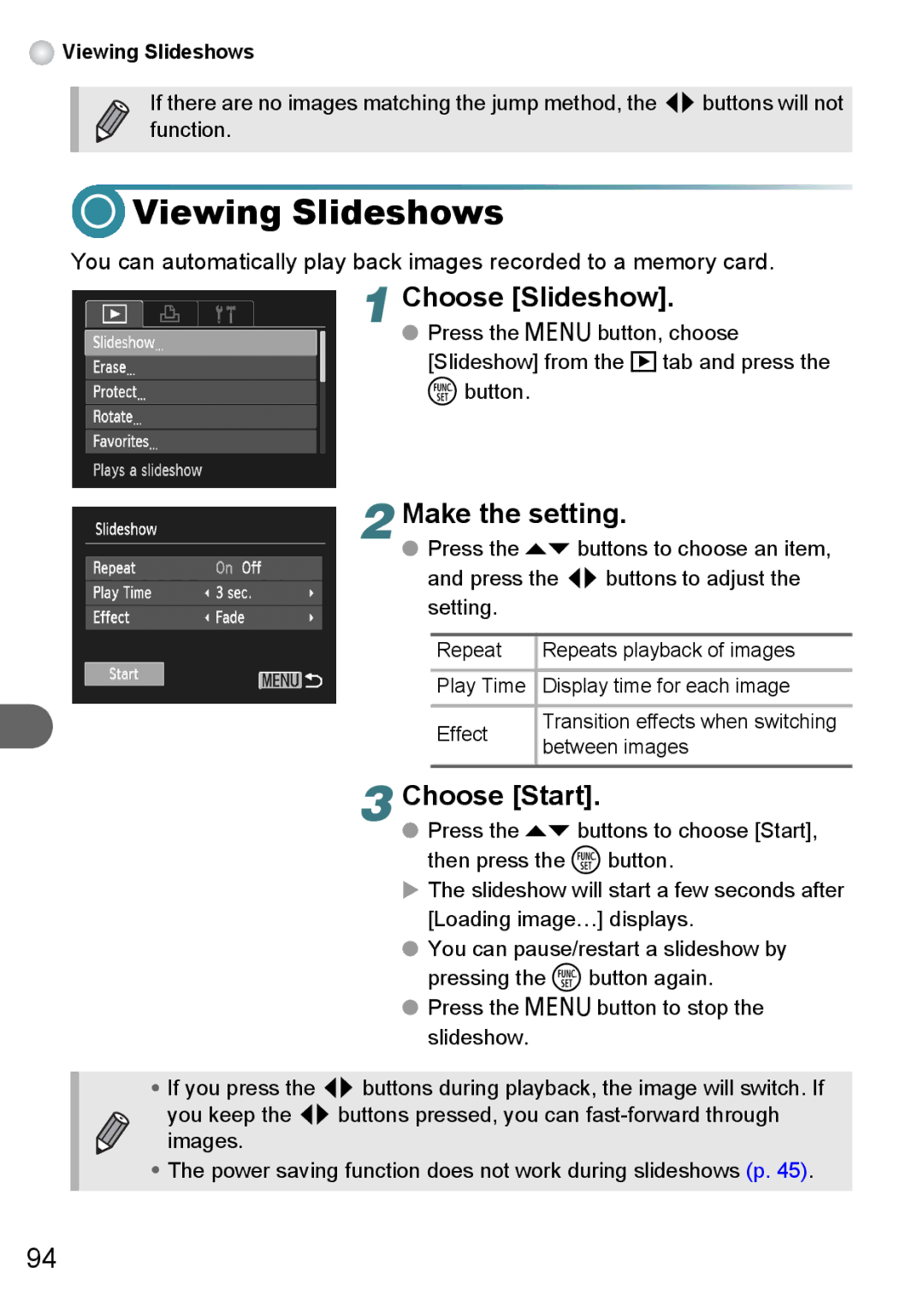 Canon A3100 IS, A3000 IS, A3150 IS manual Viewing Slideshows, Choose Slideshow, Make the setting, Choose Start 