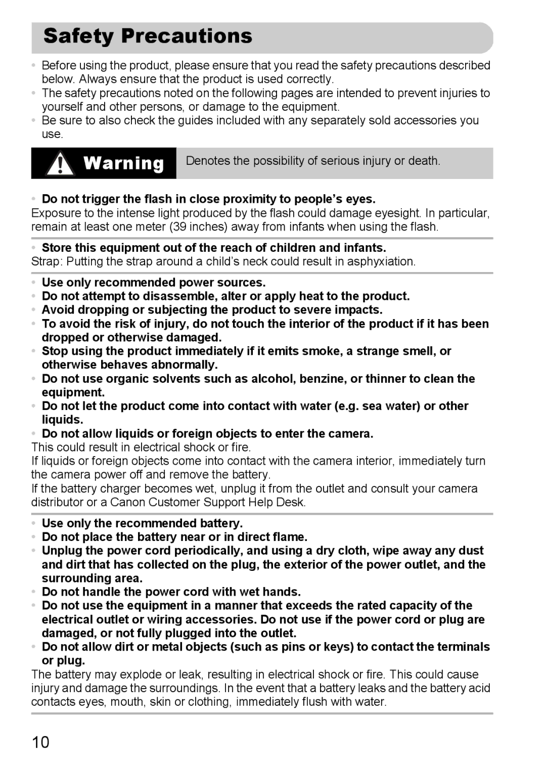 Canon A3350 IS, A2200 IS manual Safety Precautions, Do not trigger the flash in close proximity to people’s eyes 