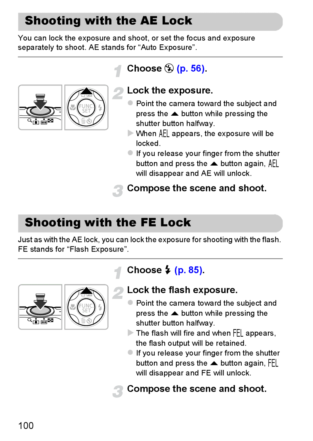 Canon A3350 IS, A2200 IS manual Shooting with the AE Lock, Shooting with the FE Lock, Choose ! p Lock the exposure, 100 