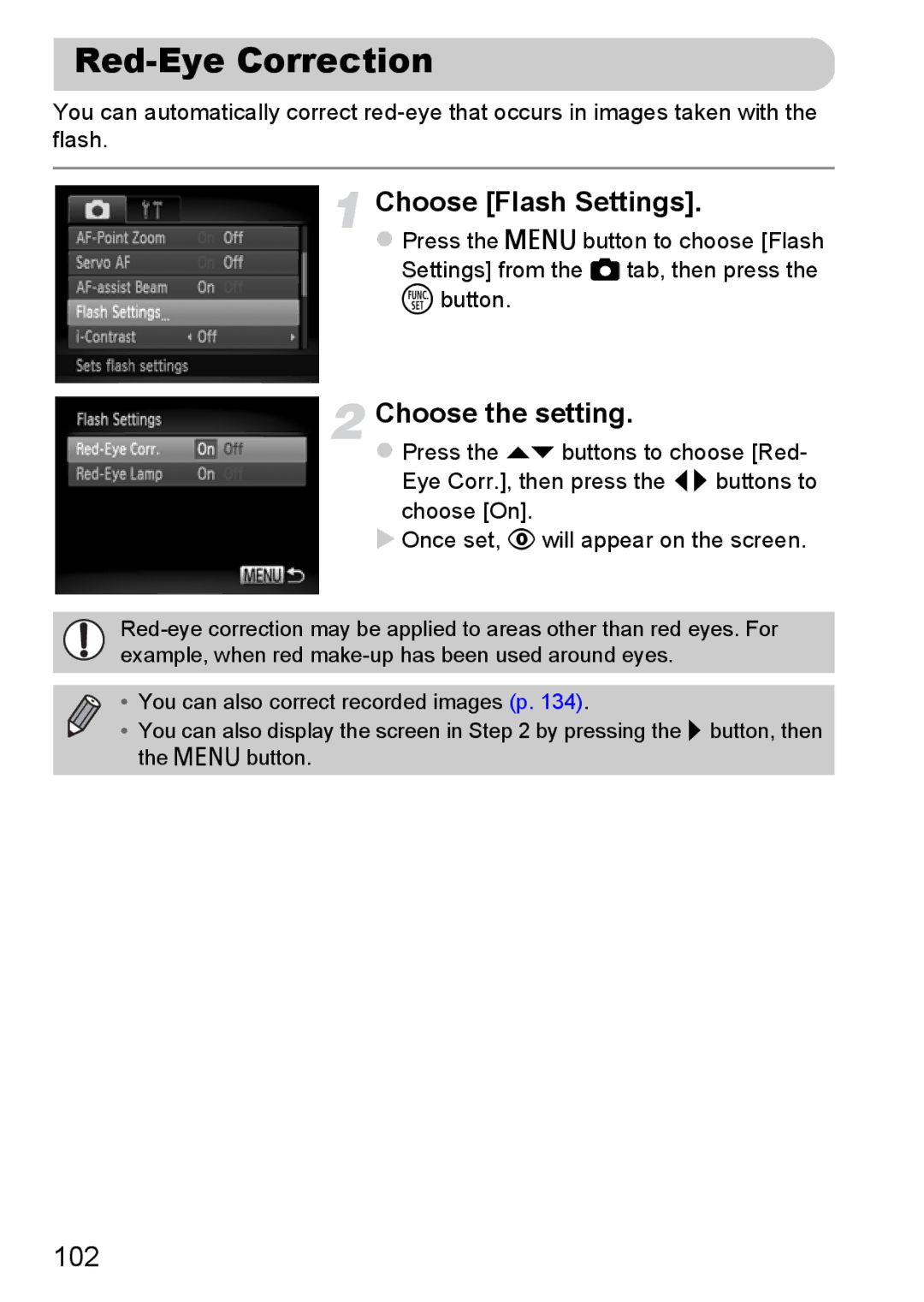 Canon A3350 IS, A2200 IS manual Red-Eye Correction, Choose Flash Settings, 102 