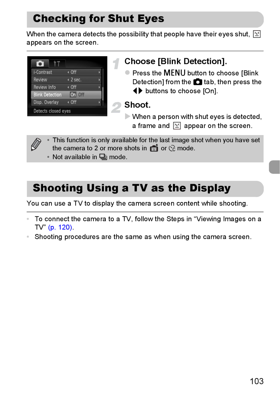 Canon A2200 IS, A3350 IS manual Checking for Shut Eyes, Shooting Using a TV as the Display, Choose Blink Detection, 103 