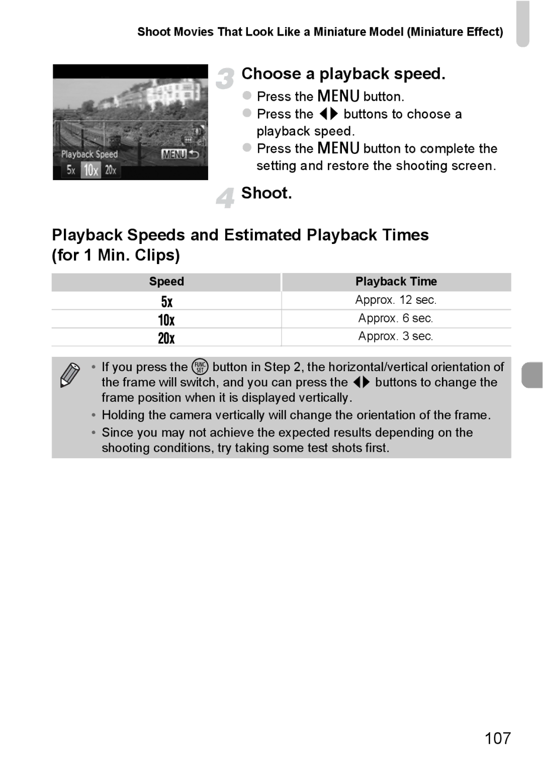 Canon A2200 IS, A3350 IS manual Choose a playback speed, 107, Speed Playback Time 