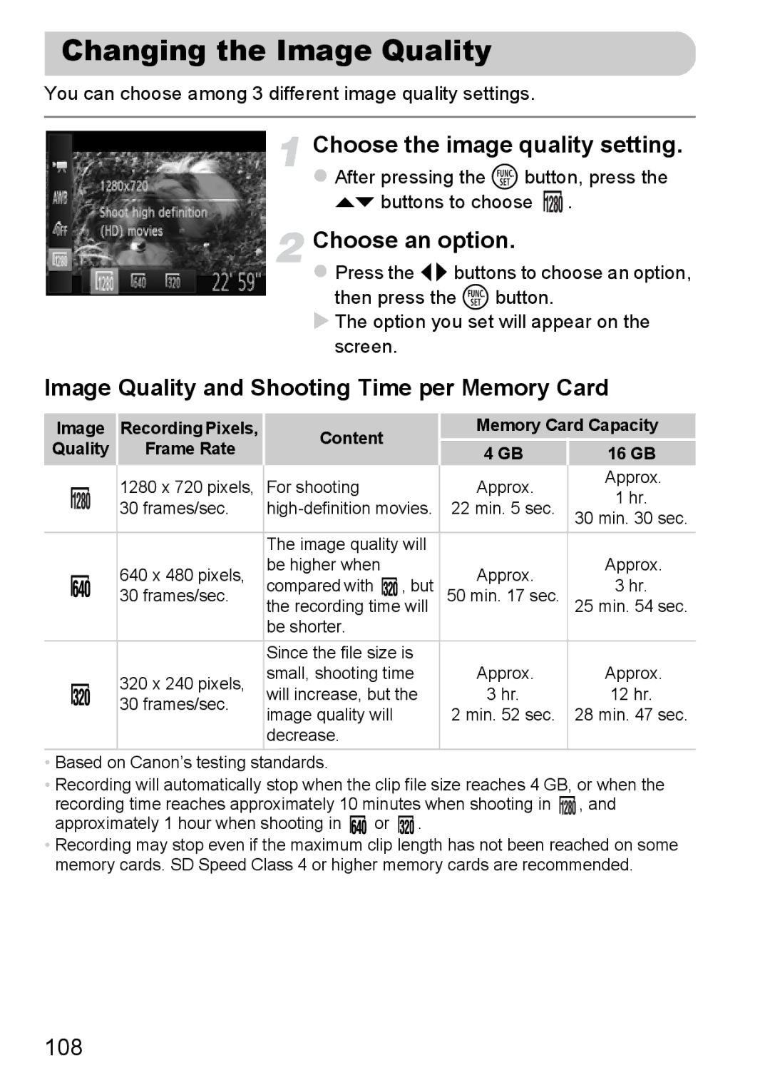 Canon A3350 IS, A2200 IS manual Changing the Image Quality, Choose the image quality setting, 108 