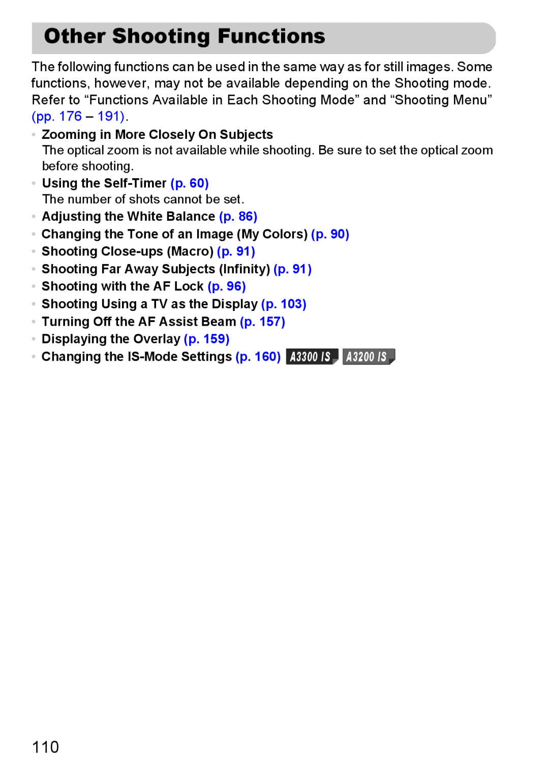 Canon A3350 IS, A2200 IS manual Other Shooting Functions, 110, Zooming in More Closely On Subjects, Using the Self-Timer p 