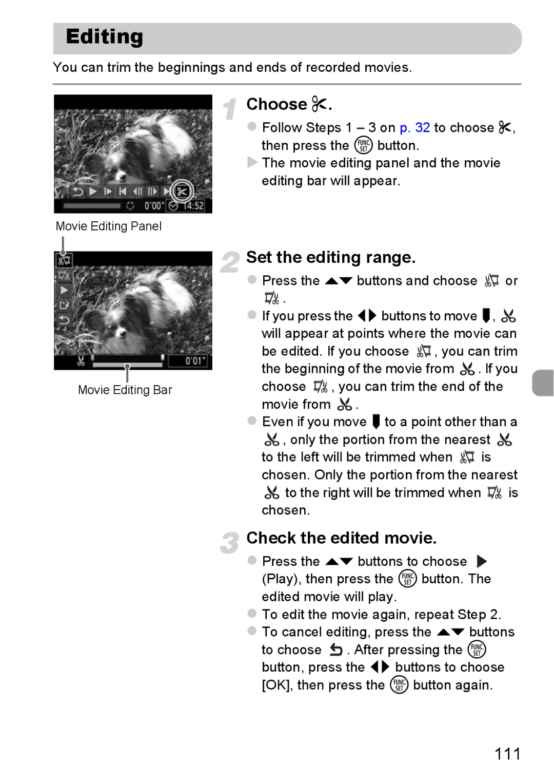 Canon A2200 IS, A3350 IS manual Editing, Set the editing range, Check the edited movie, 111 