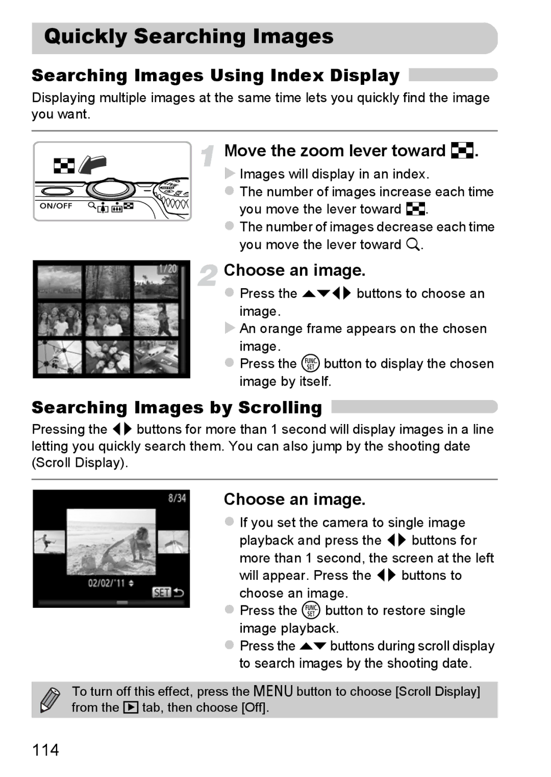 Canon A3350 IS manual Quickly Searching Images, Searching Images Using Index Display, Searching Images by Scrolling, 114 