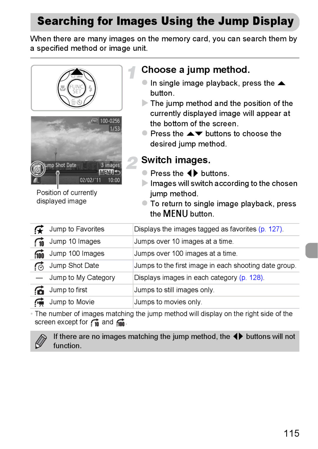 Canon A2200 IS, A3350 IS manual Choose a jump method, Switch images, 115 