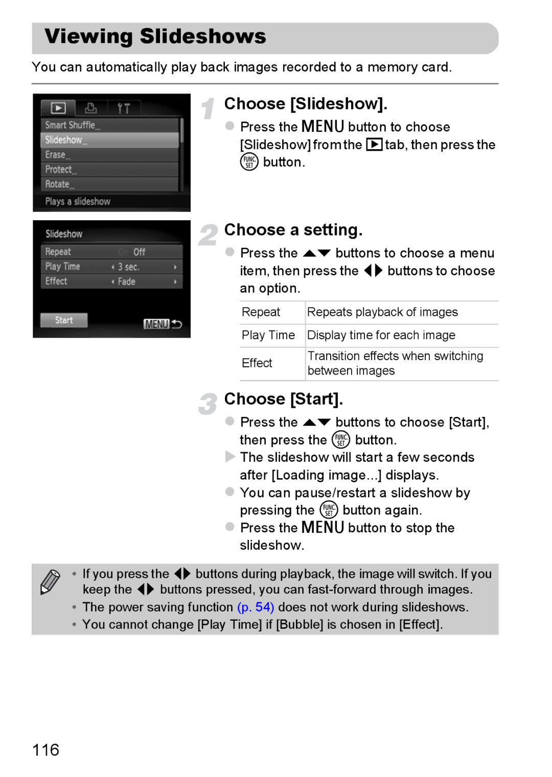 Canon A3350 IS, A2200 IS manual Viewing Slideshows, Choose Slideshow, Choose a setting, Choose Start, 116 