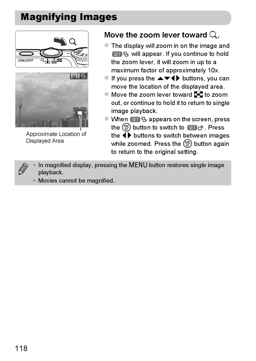 Canon A3350 IS, A2200 IS manual Magnifying Images, Move the zoom lever toward k, 118 