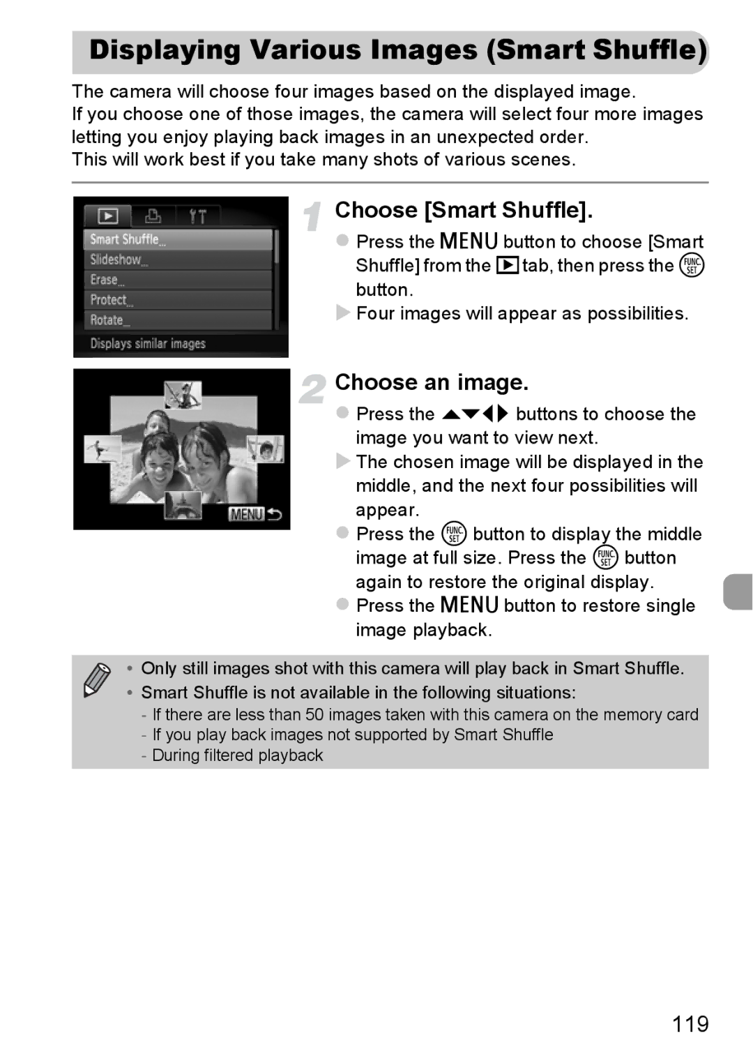 Canon A2200 IS, A3350 IS manual Displaying Various Images Smart Shuffle, Choose Smart Shuffle, 119, Appear 