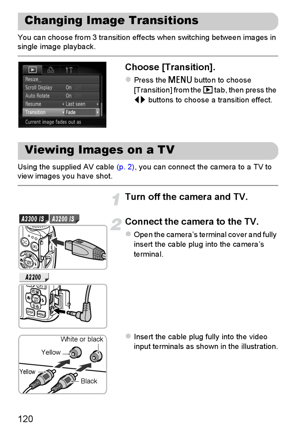 Canon A3350 IS Changing Image Transitions, Viewing Images on a TV, Choose Transition, Turn off the camera and TV, 120 