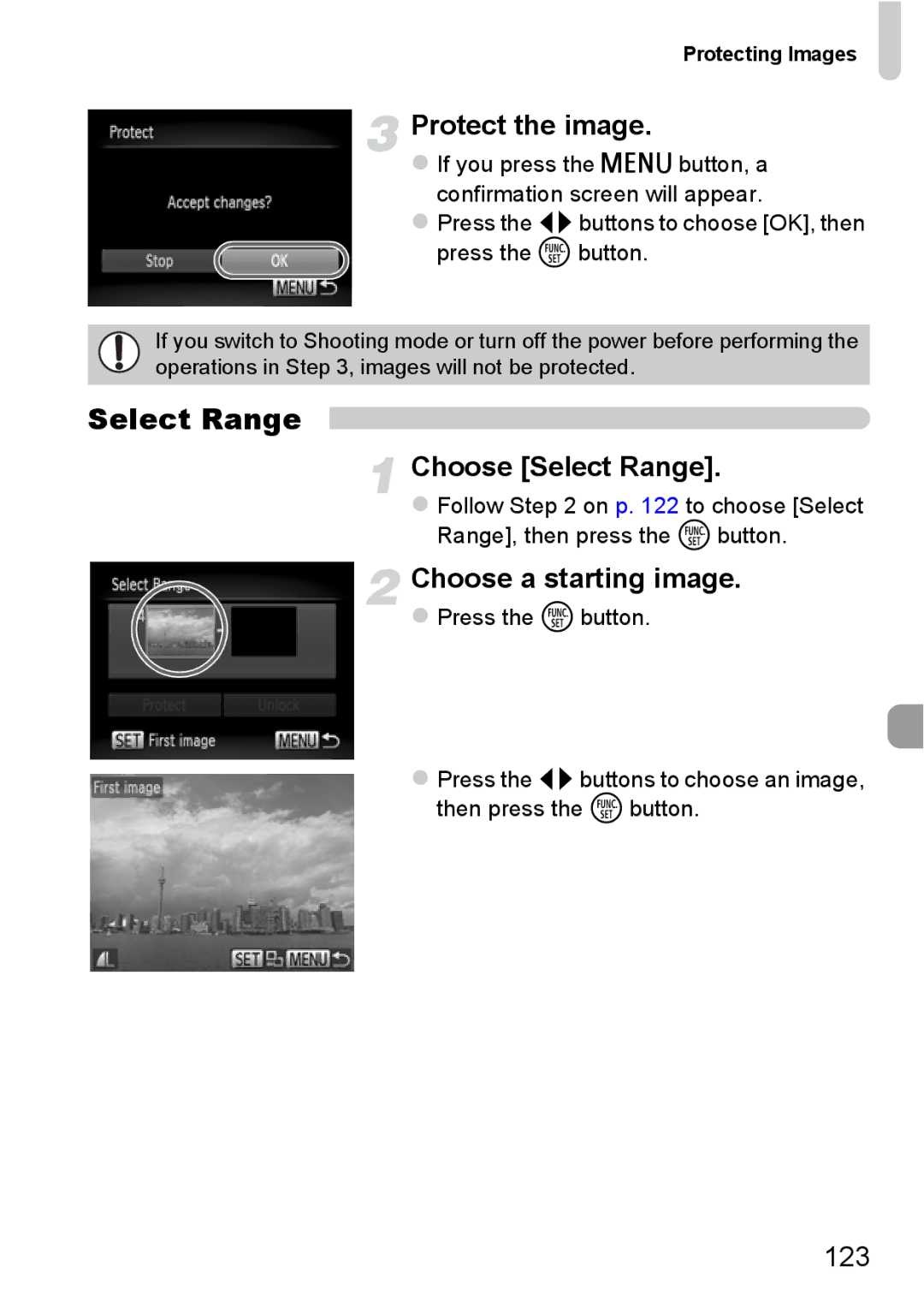 Canon A2200 IS, A3350 IS manual Protect the image, Choose Select Range, Choose a starting image, 123 